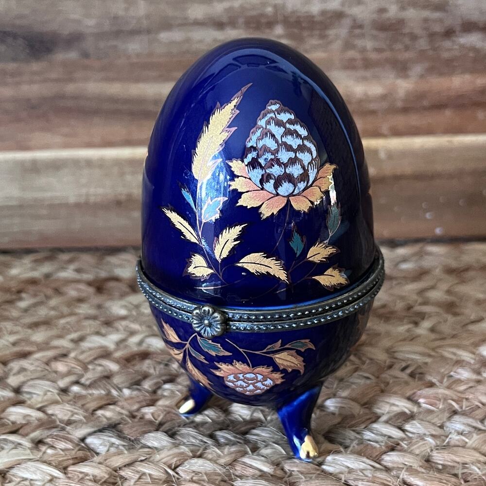 VTG Footed Porcelain Egg Hinged Trinket Box Cobalt Blue and Floral Metal Closure
